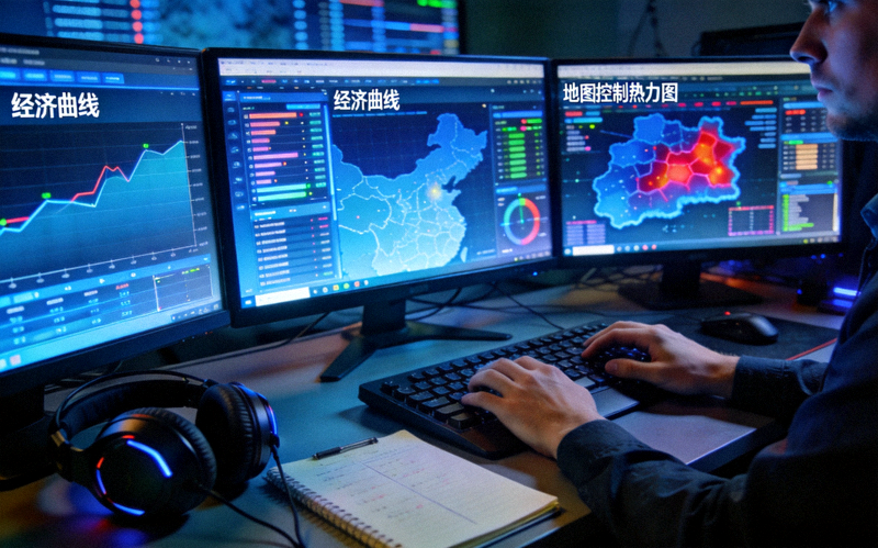 电竞分析师在多屏数据终端前复盘比赛，屏幕显示经济曲线与地图控制热力图