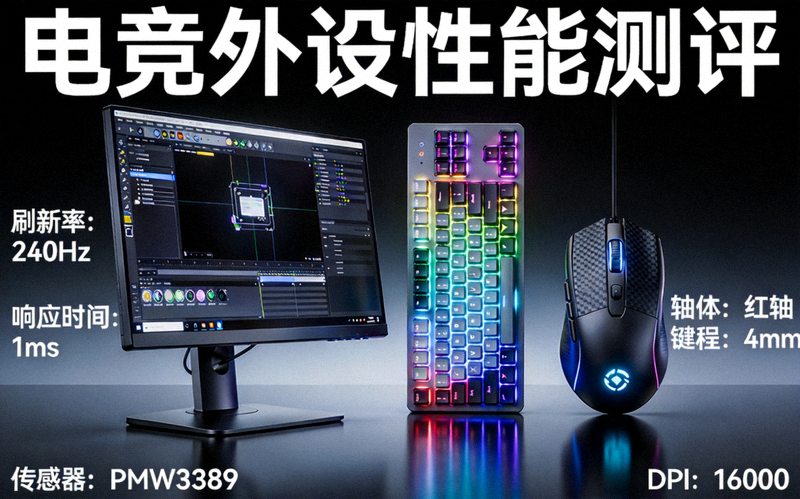 电竞外设展示图，包含高刷新率显示器、机械键盘与电竞鼠标，体现性能测评主题